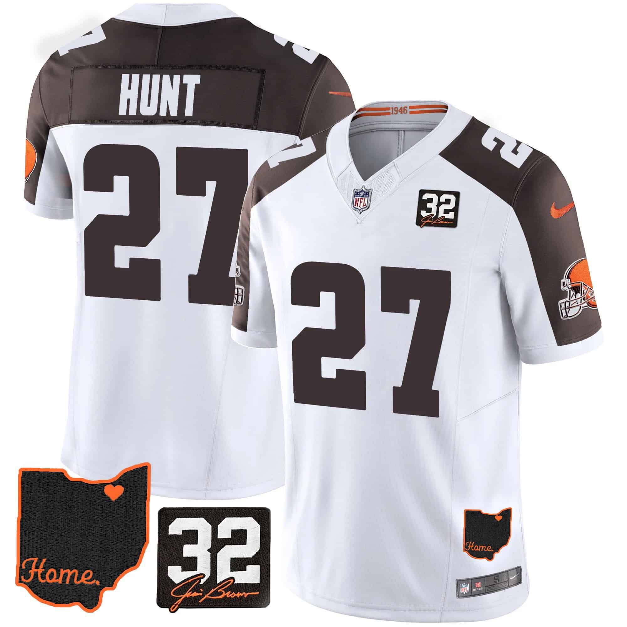 Men Cleveland Browns 27 Hunt White Memorial Home Patch 2024 Nike NFL Jersey style 1
